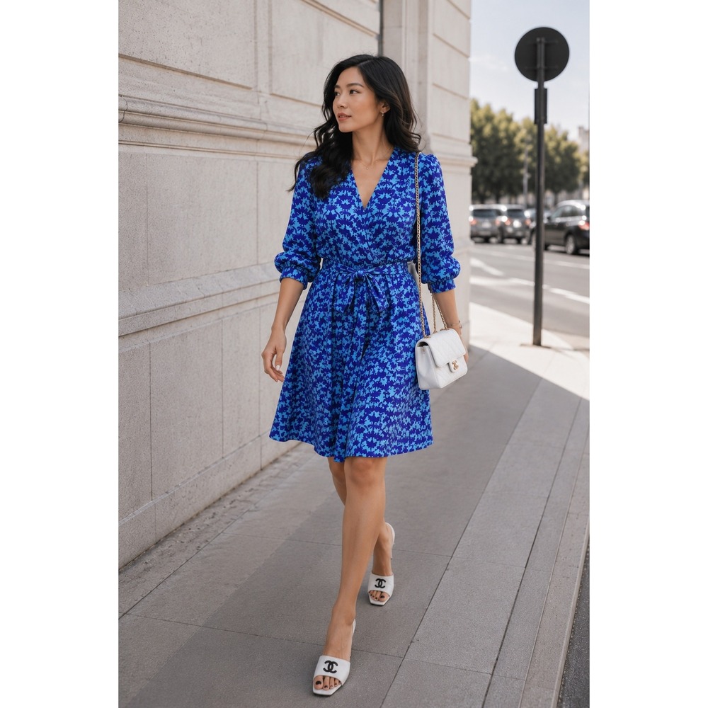 Nicole Miller New York Blue Purple Damask Print Wrap Dress Long Sleeve Size 12